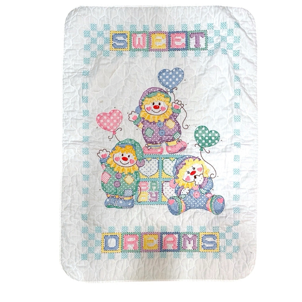 Vintage Clowns Cross Stitch Baby Quilt Sweet Dreams Balloons Handmade 28" x 39"
